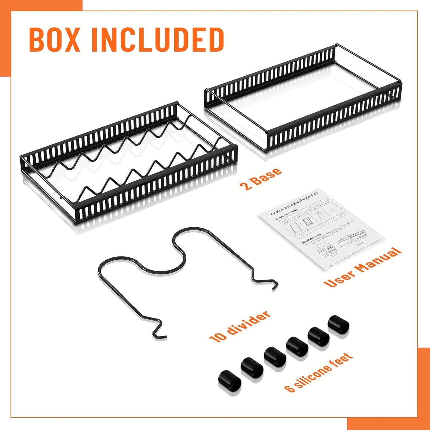 AHNR Expandable Pot and Pan Organizer Rack, 10+ Pots and Pans Lid Holder, Kitchen Cabinet Bakeware Organizer with 10