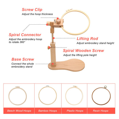 Catcan Embroidery Hoop Stand with 2 PCS 7'' 5'' Embroidery Hoops, Adjustable Rotated Wooden Cross Stitch Hoop Stand, Hands Free Embroidery Hoop Holder for Arts Crafts Sewing Embroidery Project