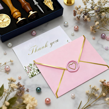 39Pcs Wax Seal Stamp Kit,Vintage Classic Sealing Wax Stamp Heads with Wooden Handle & Metal Wax Seal Molds and Spoon, with Envelope Greeting Card, for Gift Wrapping,Wedding & Party Invitations