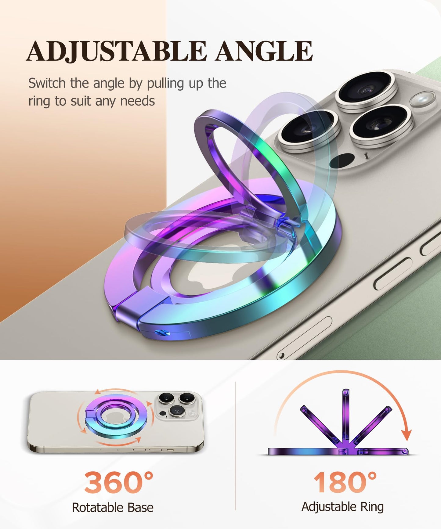 GVIEWIN Magnetic Phone Ring Holder, Compatible with MagSafe Phone Grip with Adjustable Stand, Magnet Phone Ring Kickstand for iPhone 17/16/15/14/13/12 Pro Max Plus Air/Other Phones (Glitter/Silver)