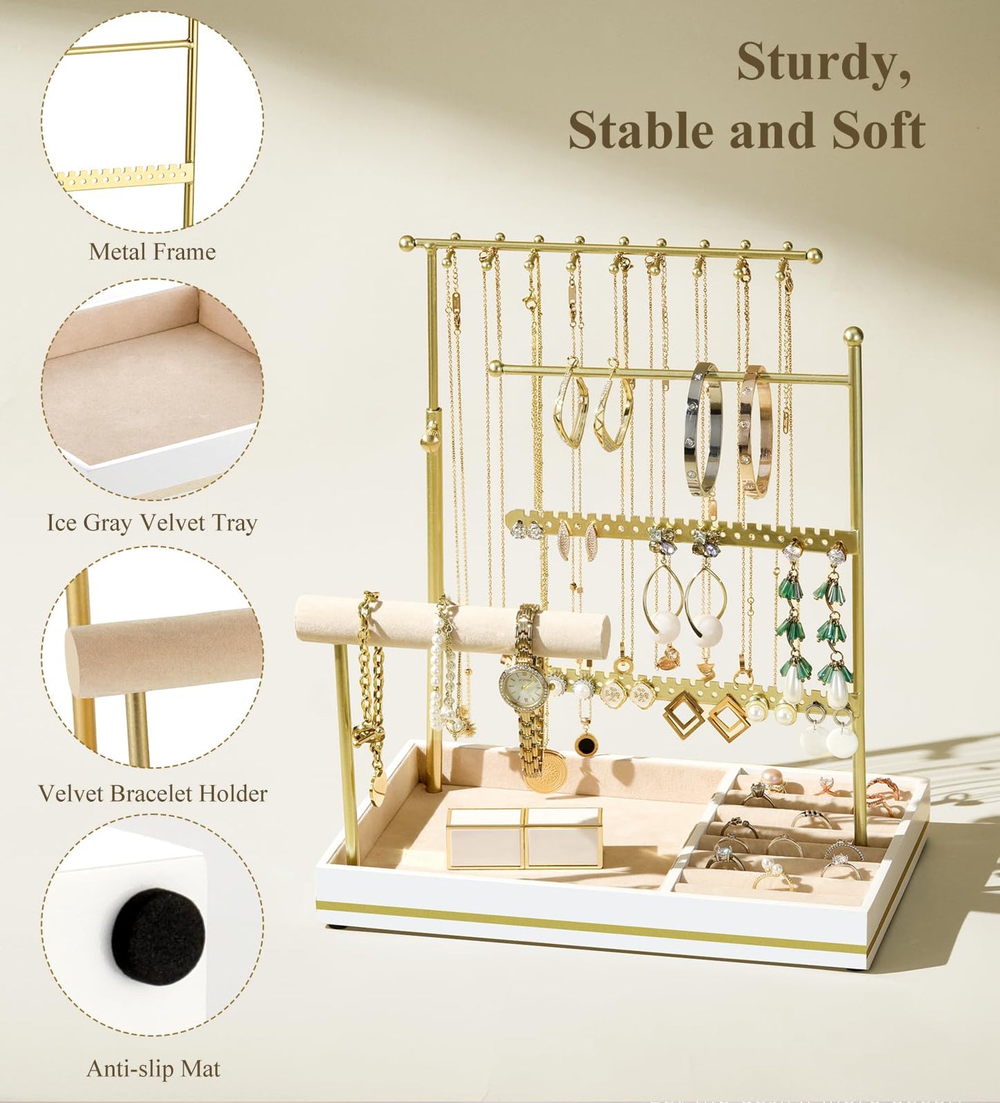 Emibele Jewelry Holder, Jewelry Organizer Stand Necklace Earrings Bracelet Holder, 5 Tier Jewelry Display Tower Rack with Metal Frame and Velvet Ring Tray, Aesthetic Jewelry Stand Gift for Women, Gold