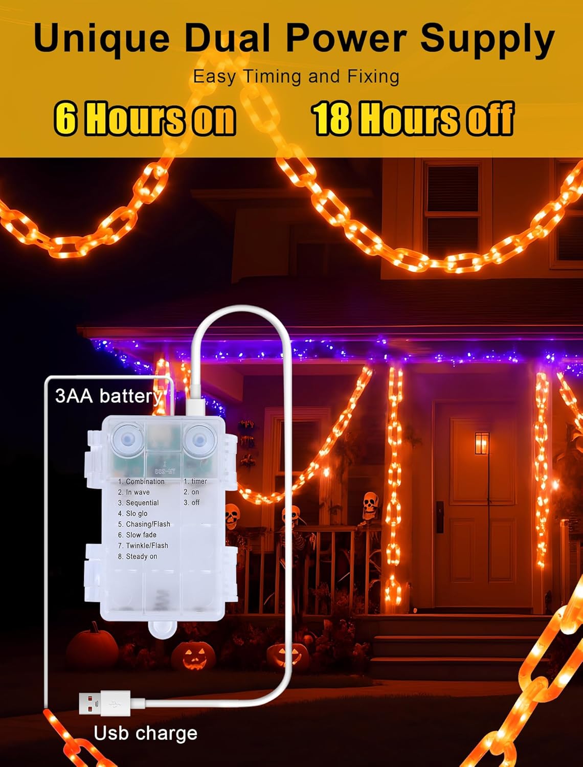 Lights,10.5 175LED Halloween Chain String FT Plastic Chain Orange Light Battery Operated with Memory Timer,Waterproof