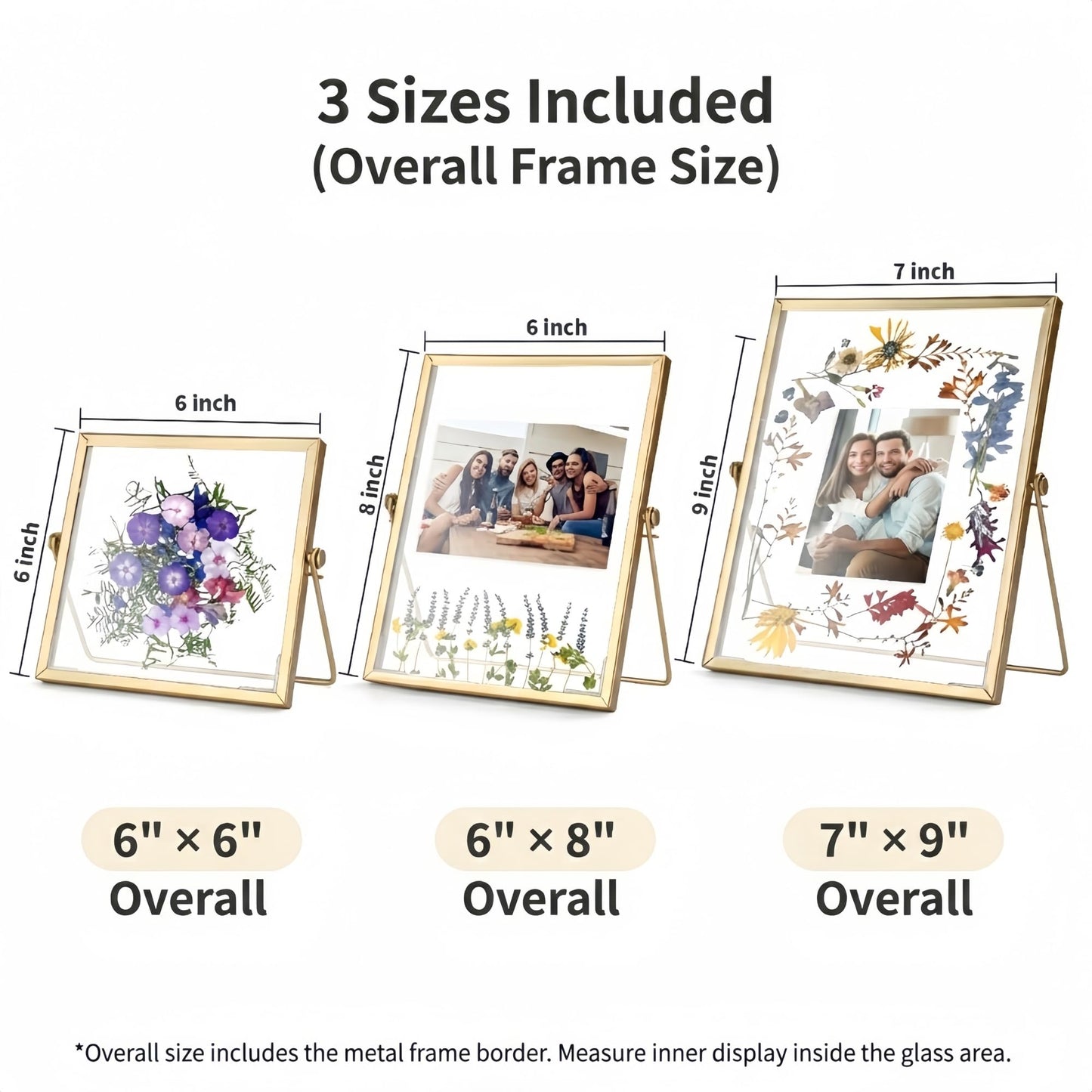 Relaxing Garden Floating Double Glass Frame Set, Gold Pressed Flower Frame DIY Kit with 68 Dried Flowers & Tweezers, 3 Sizes 6x6 6x8 7x9 for Keepsakes, Wedding Photos & Home Decor