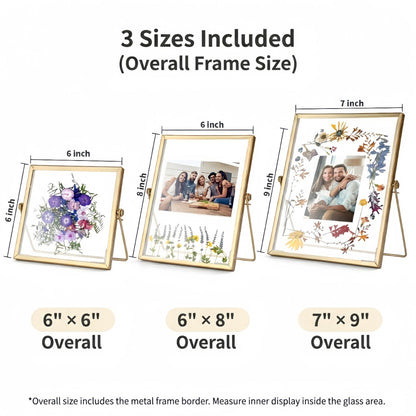 Relaxing Garden Floating Double Glass Frame Set, Gold Pressed Flower Frame DIY Kit with 68 Dried Flowers & Tweezers, 3 Sizes 6x6 6x8 7x9 for Keepsakes, Wedding Photos & Home Decor