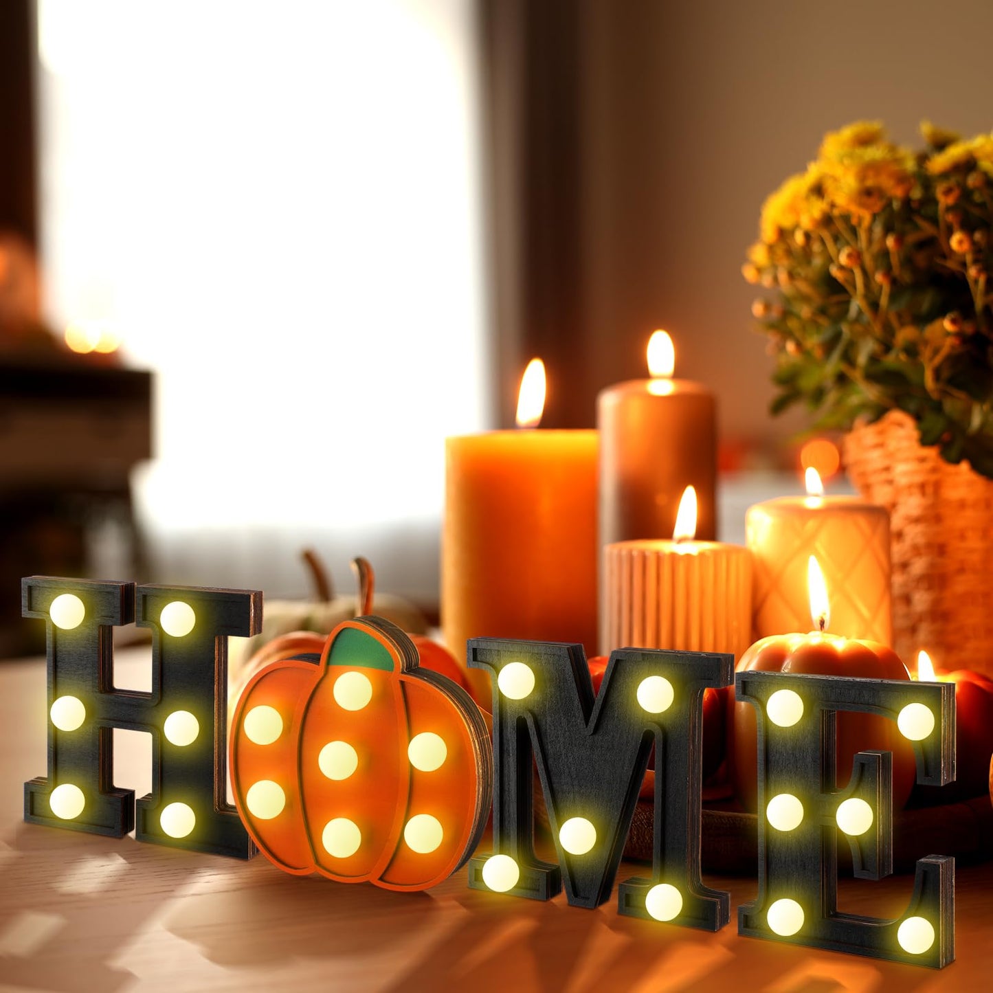 Aurelema Interchangeable Home Table Signs with 8 Pcs Seasonal Icons Wooden "home" Letter Signs with LED Marquee Light up 4th of July Table Decorations Decorative Centerpiece for Room Decoration