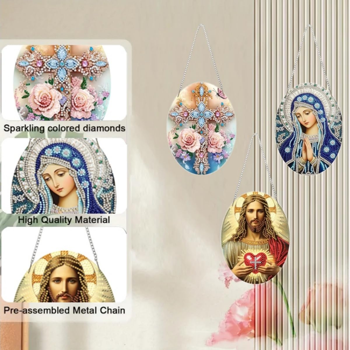 MaiYiYi 3 PCS Religious Series Virgin Mary Jesus Diamond Painting Hanging Pendant Kit, Special Gem Acrylic Cross Diamond Art Painting Ornaments Window Pendants for Adult Home Wall Art Decor