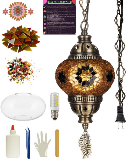 DEMMEX DIY Turkish Mosaic Plug-in Hanging Lamp Kit – NO Grout or Plaster, Beginner-Friendly – Complete Tiffany Mosaic Glass Light-Making Craft Project Kit for Adults and Teens (Brown&Amber)