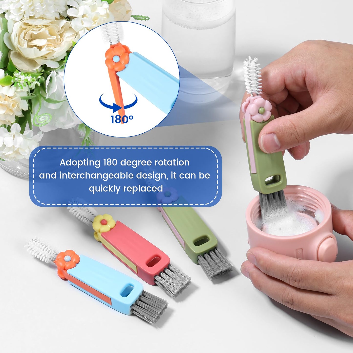 BXUYAOXMC 3 in 1 Cup Lid Cleaning Brush, 180° Rotatable Bottle Brush Gap Cleaner, Multifunctional Crevice Cleaning Brush Set for Baby Bottle, Water Bottle, Tumbler & Kitchen Mugs, 12 Pack Hangable