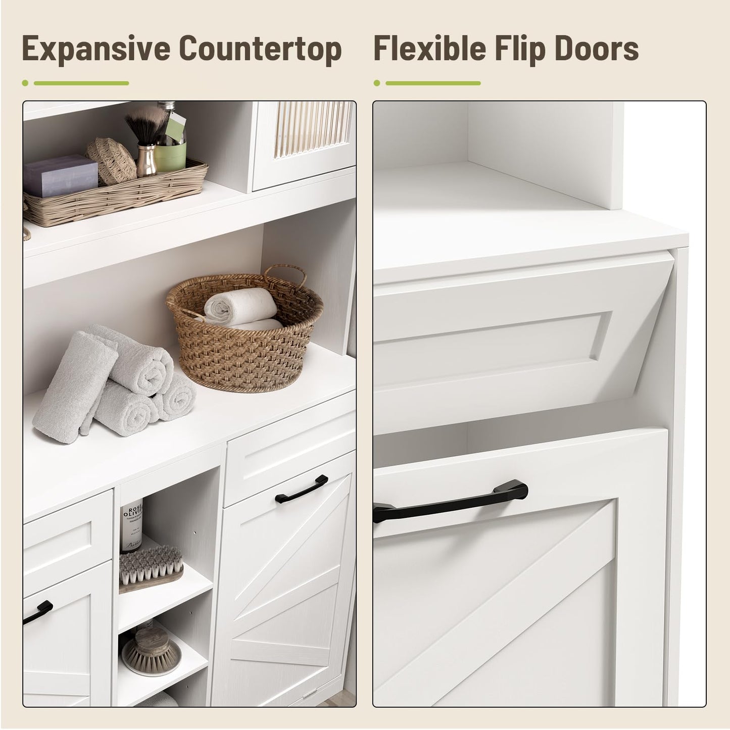 STHYTON Tall Tilt-Out Double Laundry Hamper Cabinet with 2x11-Gallon Hidden Laundry Basket, Tilt Out Trash Bin Cabinet with Fluted Glass Doors, Farmhouse Wooden Bathroom Storage with Push Doors, White