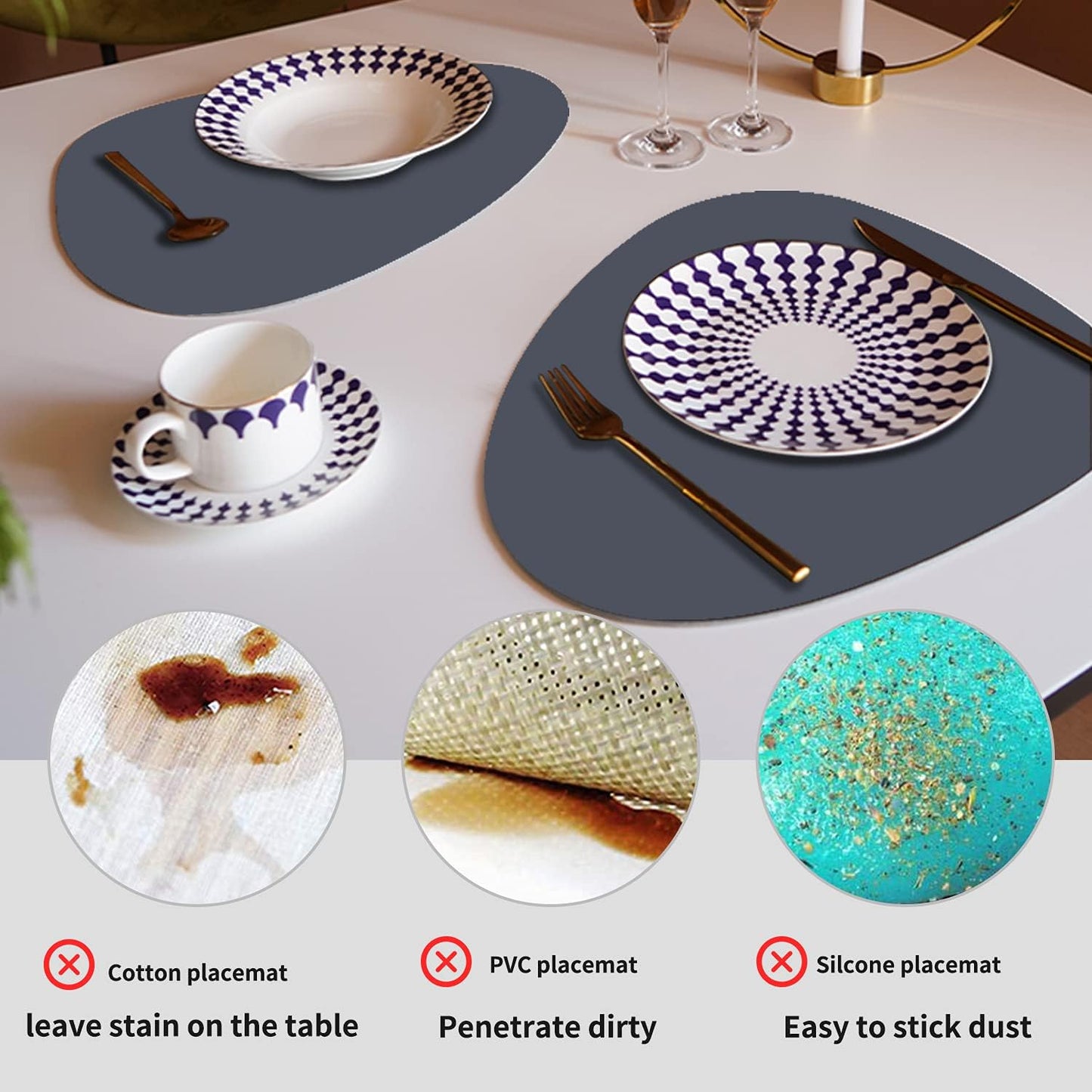Set, 2 Placemats+2 Faux Leather Placemats and Coasters Round Leather for Dinner Table Mats Heat Resistant Non-Slip