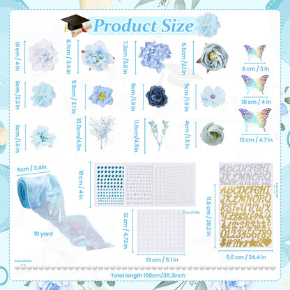 Pineraap Graduation Cap Decorations Kit, Artificial Flower Heads 3D Butterfly Stickers Rhinestones Letter Number Stickers Pearls String Decor Ribbon for DIY Grad Cap Topper Party Supplies, Blue