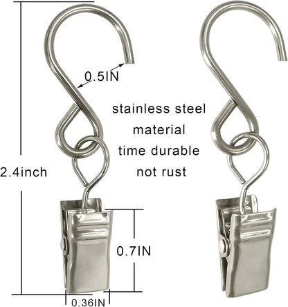 Stainless Steel S Hooks - 50 Pack Curtain Clips for Hanging Lights & Art Displays | 2.4 Inch Long, Silver