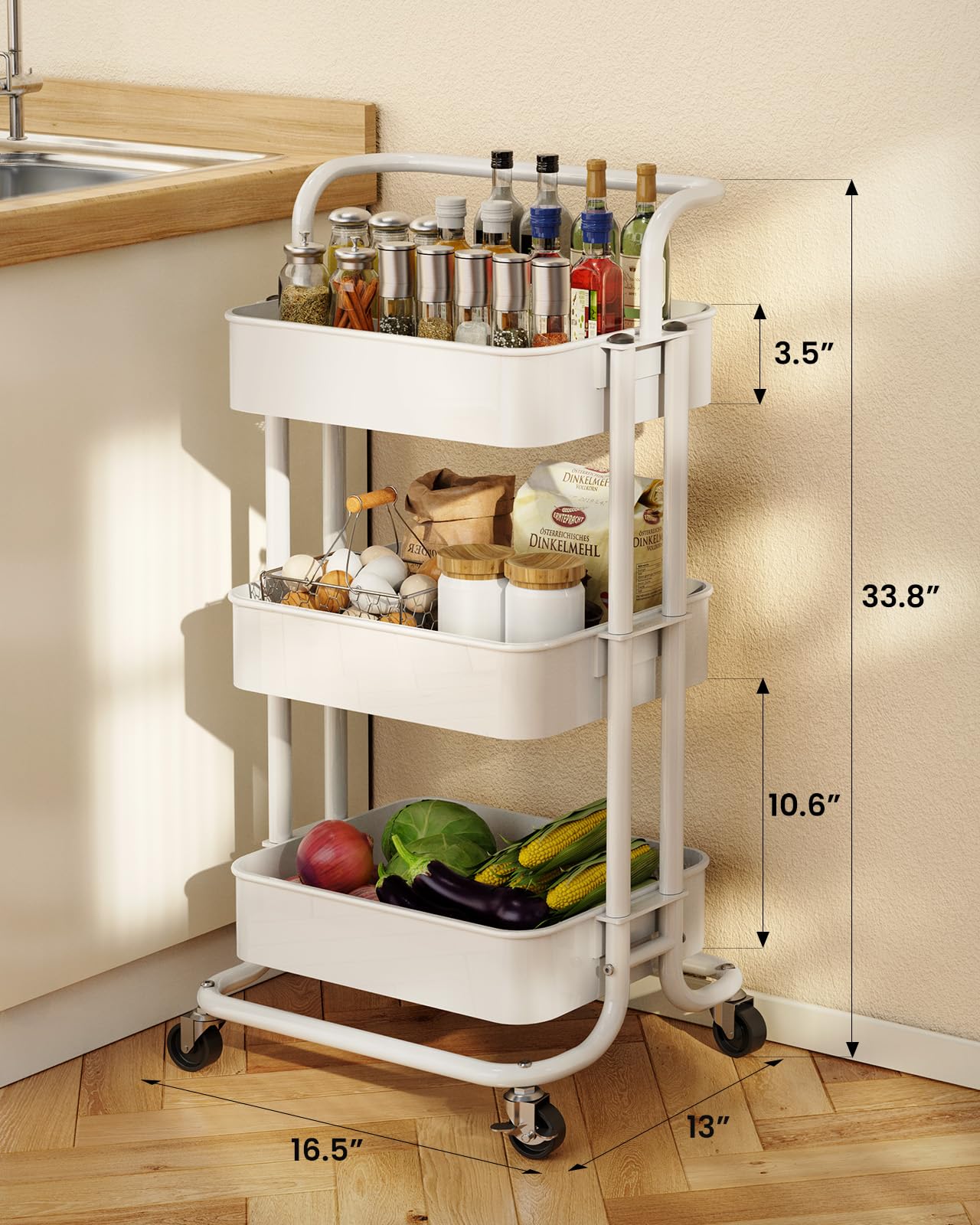 Pipishell 3 Tier Rolling Cart, Metal Utility Cart with Wheels and Handle, Rolling Storage Cart for Nursery Room, Living Room, Painting Room, Office and Kitchen, White