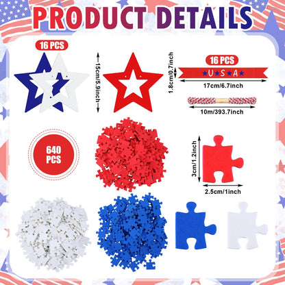 Soulchen 16 Sets DIY 4th of July Wreath Craft Kit Patriotic Red Blue White Hanging Craft Kits 640 Pcs Foam Puzzle 16 Star Paper Wreath and 1 Roll Rope for Home Classroom 250th Anniversary Memorial