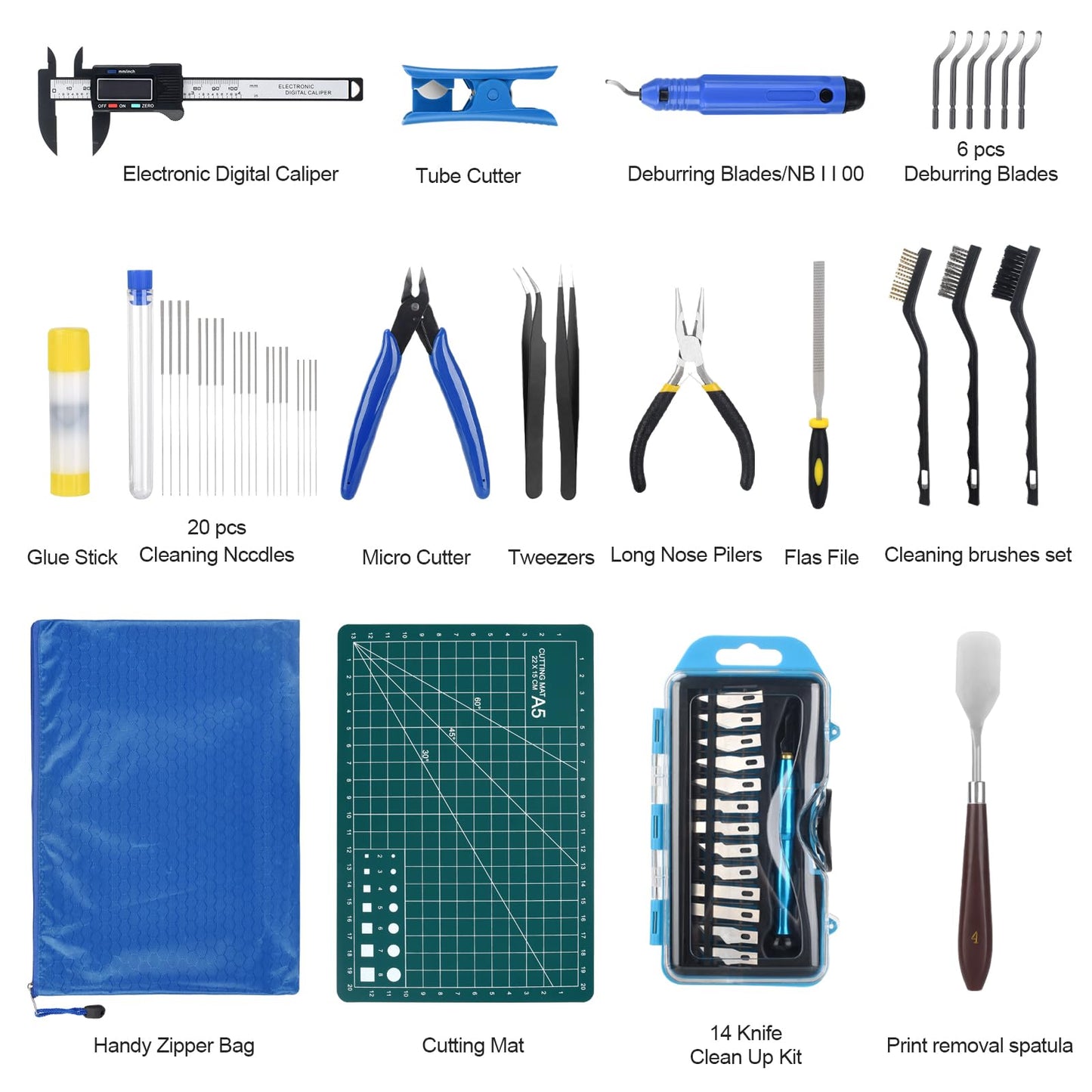 KuanStore 3D Printer Tools Kit, 3D Printing Accessory with 55Pcs Includes Deburring Tool, Caliper, Art Knife Set, Tube Cutter, Storage Bag Suitable for 3D Print Removing, Cleaning