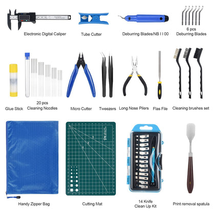 KuanStore 3D Printer Tools Kit, 3D Printing Accessory with 55Pcs Includes Deburring Tool, Caliper, Art Knife Set, Tube Cutter, Storage Bag Suitable for 3D Print Removing, Cleaning