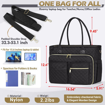 RAINSMORE Teacher Tote Bag 15.6 inch Laptop Bag for Women Work Bags Laptop Tote Nurse Bag Professional Computer Messenger with Insulated Pocket, Laptop Briefcase for Office, College, Nursing, Black