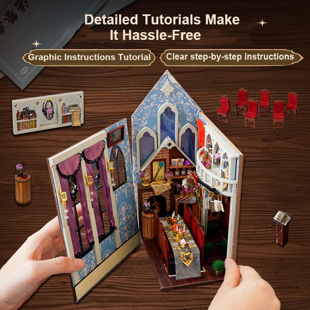 DIY Miniature House Kit, European Style Book Nook Kit, Illusion Mirror Design Miniature Dollhouse Kit, Booknook Bookshelf Desktop Decor Model Build Creativity Gift for Women and Adults