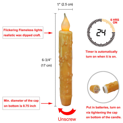 CVHOMEDECO. Real Wax Hand Dipped Battery Operated LED Timer Taper Candles Rustic Primitive Flameless Lights Decor, 6-3/4 Inch, Orange, 6 PCS in a Package