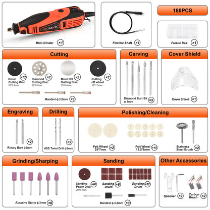 GOXAWEE Rotary Tool Kit with 180 Rotary Tool Accessories & Flex Shaft & Universal Collet, 5 Variable Speed Rotary Multi-Tool, Mini Electric Drill Set for Crafting DIY Project(Orange)