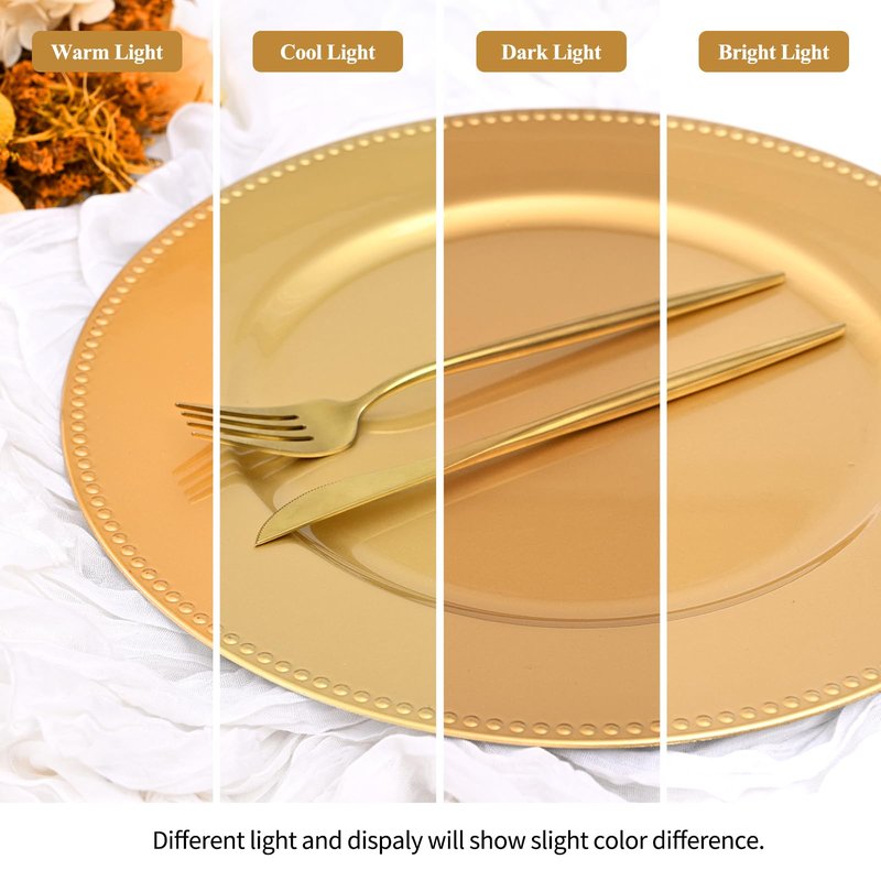 YJYQHYX 24 Pack Gold Charger Plates 13" Plastic Round Charger Plates Dinner Plate With Beaded for Wedding Table Dinner Kitchen Easter Catering Event Party Decoration