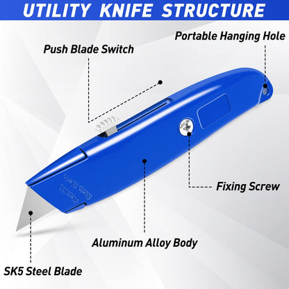 DIYSELF 4 Pack Box Cutter, Utility Knife, with 10 Extra SK5 Blades, Aluminum Shell Box Cutter Retractable for Papers, Cardboard, and Cartons, Razor Knife, Pipe Cutter(Red, Blue, Yellow, Black)