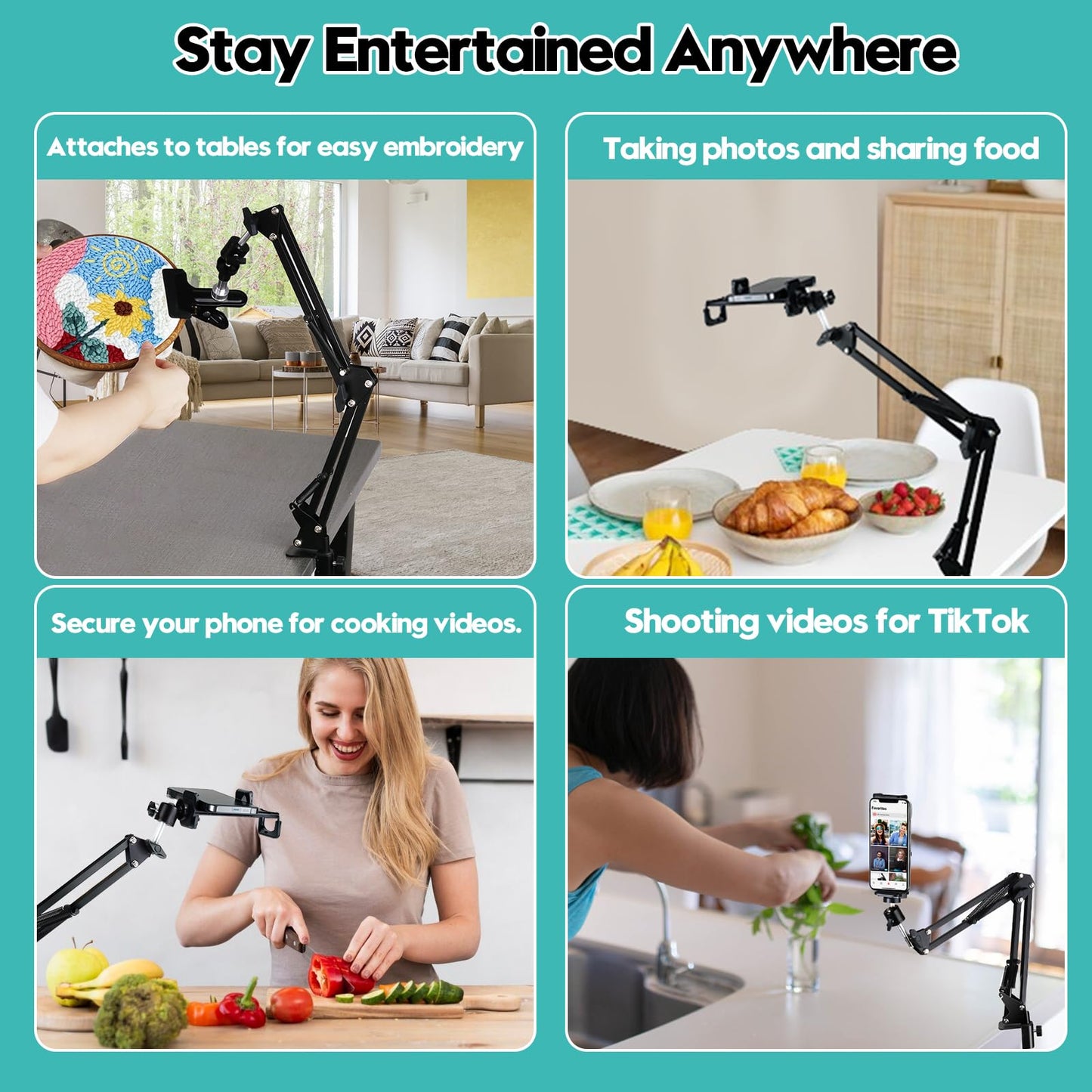 Embroidery Hoop Stand Adjustable Embroidery Stand Metal Embroidery Hoop Clamp Table Stand Suitable for Embroidery Hoops and Phone or Ipad(Black)