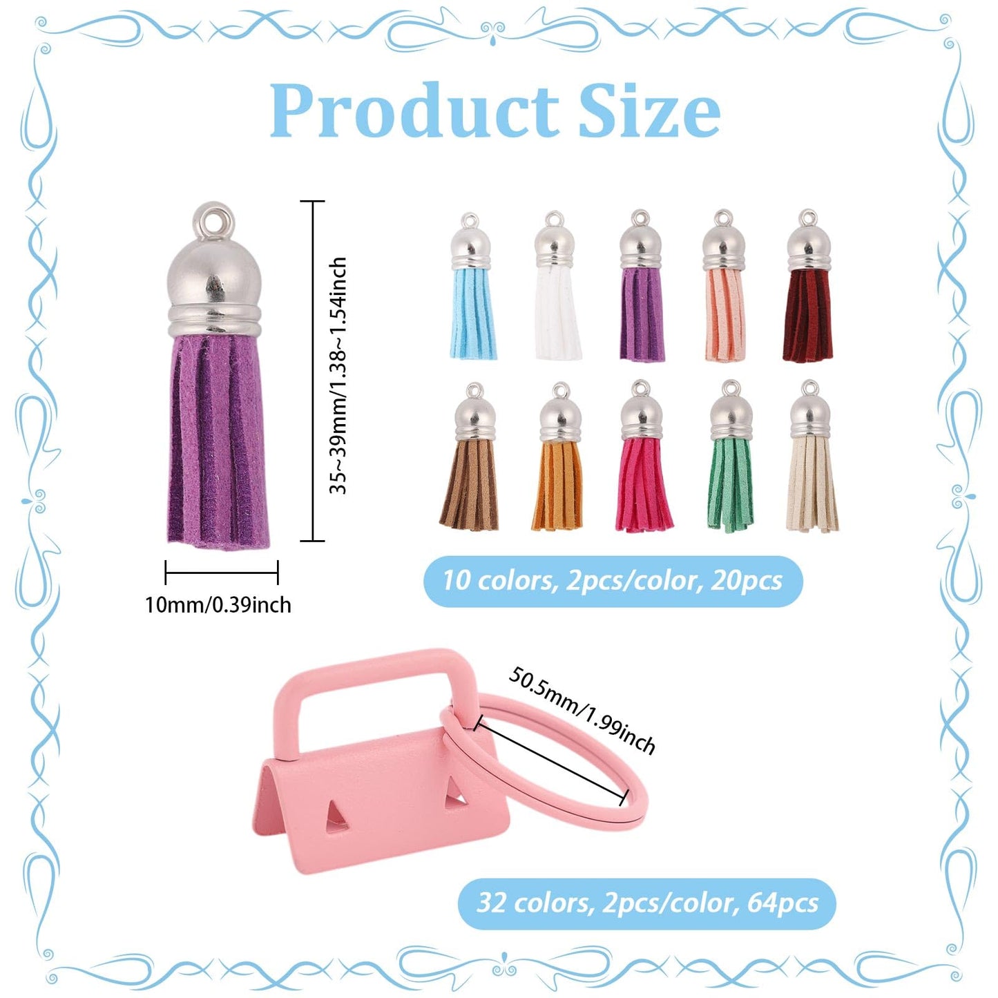 CONCHLERY 84 Pcs Mix Colors Key Fob Hardware Set Keychain Making Kits with Tassels Bulk Charms Wristlet Hardware for DIY Keychain Making