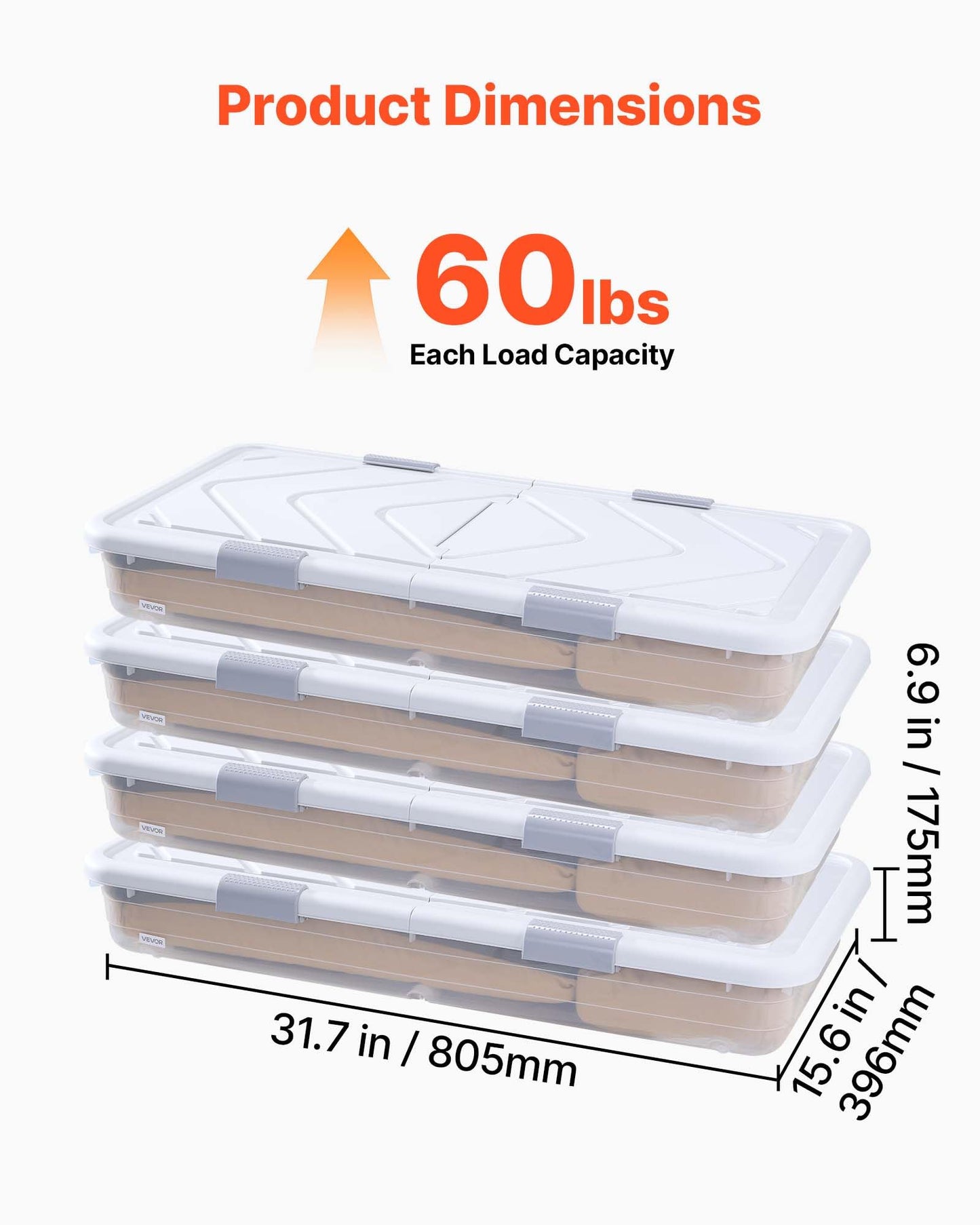 VEVOR Under Bed Storage with Wheels, 31.7 x 15.6 x 6.9 inch Underbed Containers, Underbed Shoes Organizer with Lid & Gray Latch, Rolling Under the Bed Storage Bins for Clothes Shoes Blankets, 4 Pack