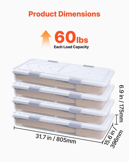 VEVOR Under Bed Storage with Wheels, 31.7 x 15.6 x 6.9 inch Underbed Containers, Underbed Shoes Organizer with Lid & Gray Latch, Rolling Under the Bed Storage Bins for Clothes Shoes Blankets, 4 Pack