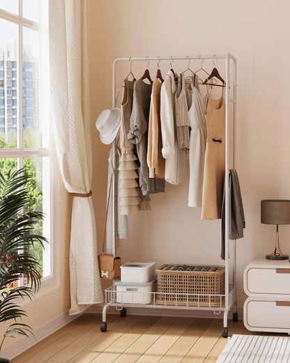 Clothes Rack, Multi-Functional Rolling Garment Rack with Metal Storage Basket and Side Flexing Bar (White)
