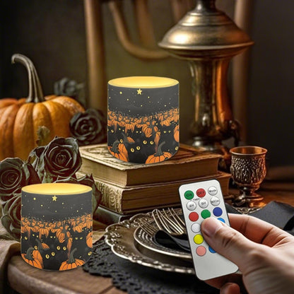 Merkmak Trick or Treat Day Flameless Candles with 18-Key Remote Battery Operated Candles with Timer, Pumpkin Black Cat Print LED Pillar Tea Lights for Halloween Party Home Decoration