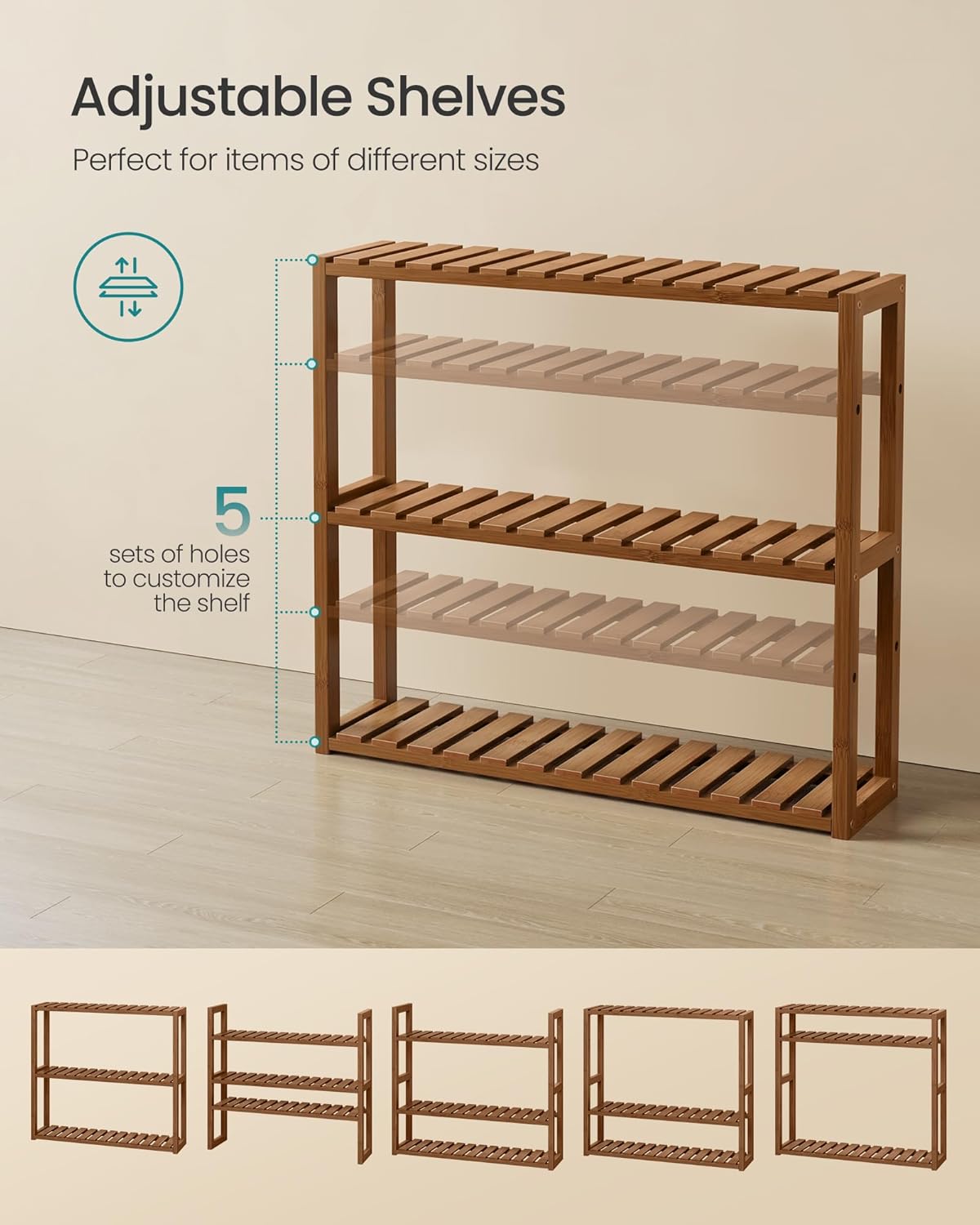 3-Tier 5.9 23.6 21.3 Inches, UBCB013K01 SONGMICS Bamboo Bathroom Shelf, Adjustable Plants Rack, Wall-Mounted or Stand