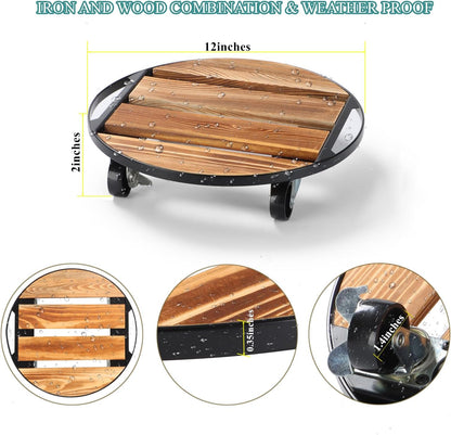 PRAQECZ 2 Pack 12" 264 LB 360 Plant Caddy with Wheels, Rolling Plant Stand Heavy Duty, Iron and Wood Round Plant Dolly