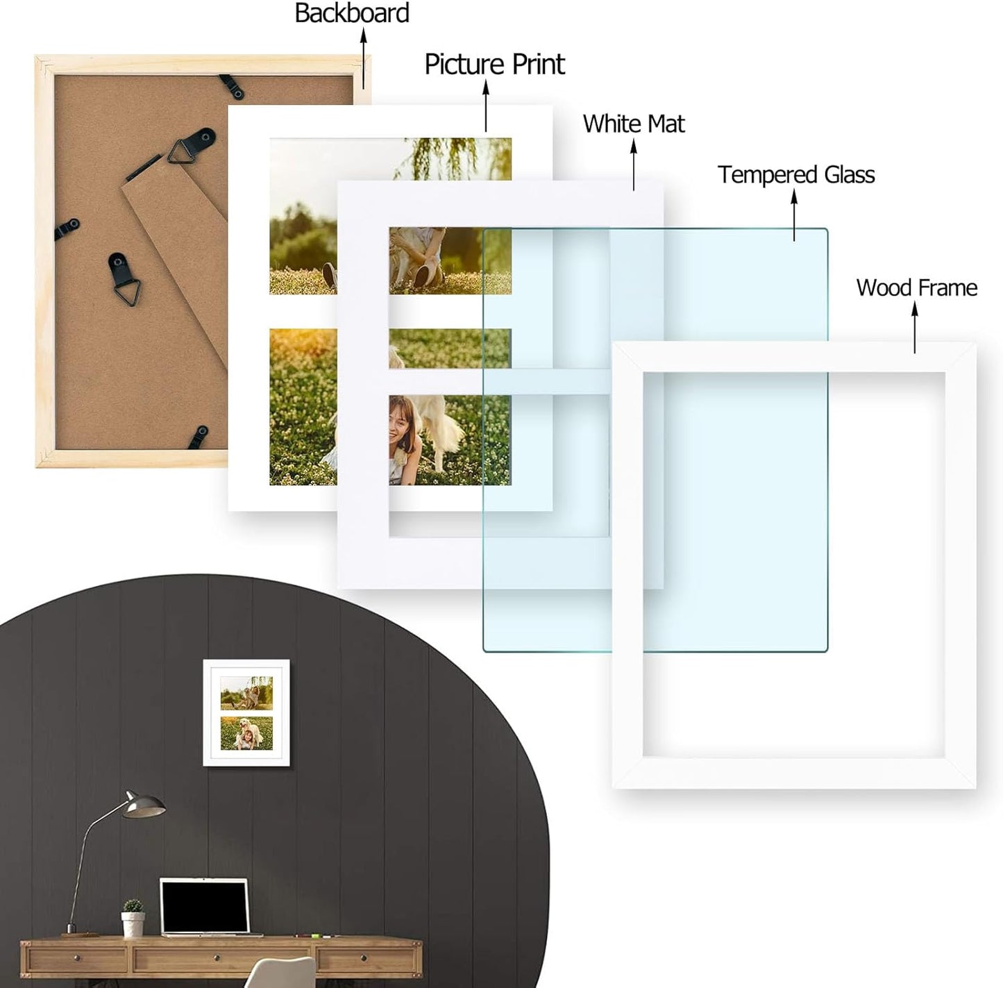 Golden State Art 8x10 White Photo Wood Collage Frame, Tempered Glass, Displays (2) 4x6 Pictures