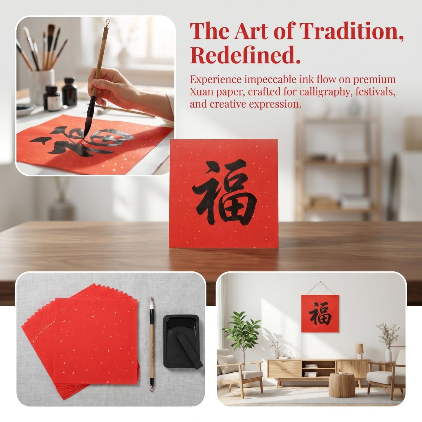 DOITOOL 60 Sheets Chinese Calligraphy Practice Paper Traditional Xuan Rice Paper Pad 8.66X8.66In for Brush Lettering Spring Festival Couplets Lunar New Year Crafts with Gold Fleck Design