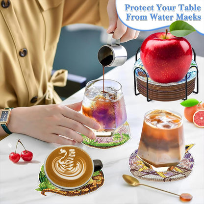 8 Pcs Animals Diamond Painting Coasters Set with Holder, Beginners DIY Diamond Art Coasters Crafts for Adults,Diamond Painting Kits Circular Coaster Suitable for Gifts and Office Home