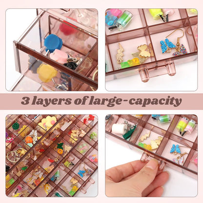 Meluvora Jewelry Organizer, Earring Holder Organizer Box with 3 Layers, 72 Grids Earring Case, Craft Storage Containers for Nail Charms, Ring, Earrings(Tan)