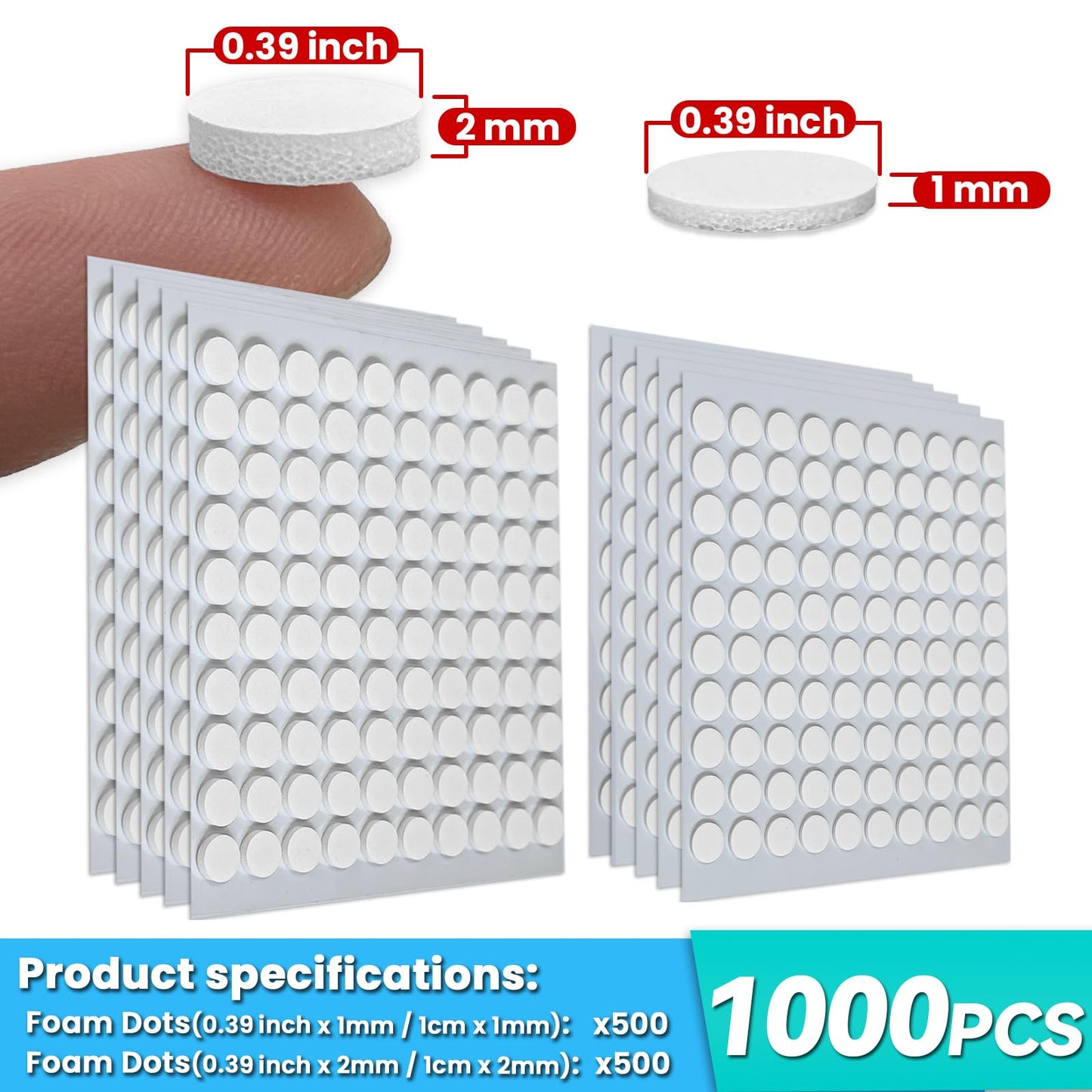 Tikfoam 1000Pcs Double Sided Adhesive Foam Dots, 2mm and 1mm Thick Tape for Craft, Card Making, Marked Candles, Scrapbook, Poster and DIY Projects