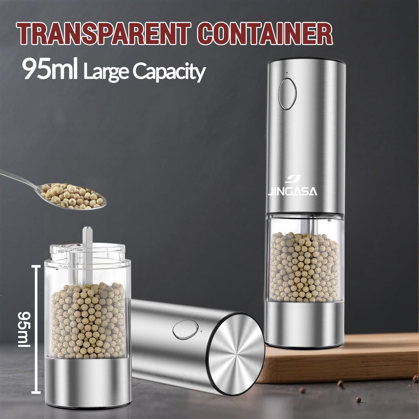 [Upgraded Larger Capacity] Electric Salt and Pepper Grinder Set with USB Charging Base, 95ml Large Capacity, Adjustable Coarseness,Stainless Steel Automatic Pepper Mill (Upgraded Capacity-A)
