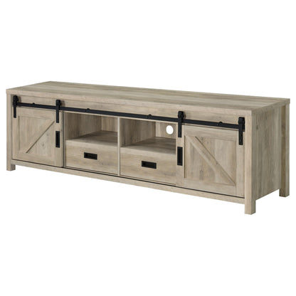 Coaster Home Furnishings - Madra - Engineered Wood - 79-Inch 2-Door TV Stand with Sliding Barn Doors, Open Shelves - Living Room - Distressed Pine - 736263