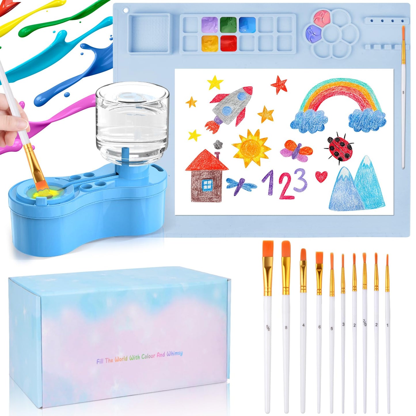 Mikiwon Painting Station, Paint Brush Cleaner and Silicone Art Mat 20"X16" with 10 Paint Brushes, Paint Brush Rinser, Art Supplies Set (Blue)