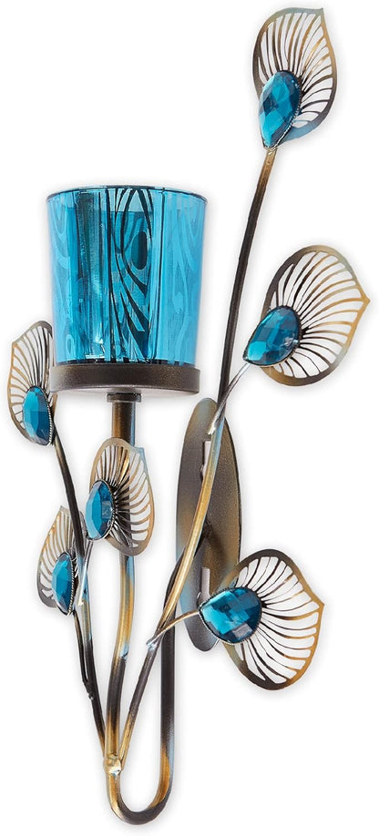6.75x2.25x10.75, Zingz & Thingz Exotic Peacock Plume Collection Tealight & Candle Lighting, Wall Sconce Single