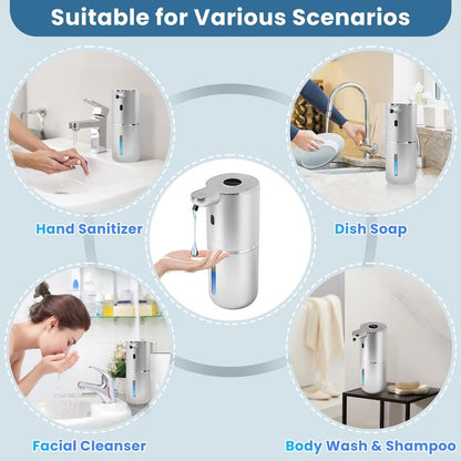 Automatic Soap Dispenser, Touchless Liquid Soap Dispensers, USB Rechargeable, 6-Level Adjustable Volume Control, 12.8oz/380ml, Wall Mount for Kitchen, Bathroom, Free Liquid Dispenser Stickers (Silver)