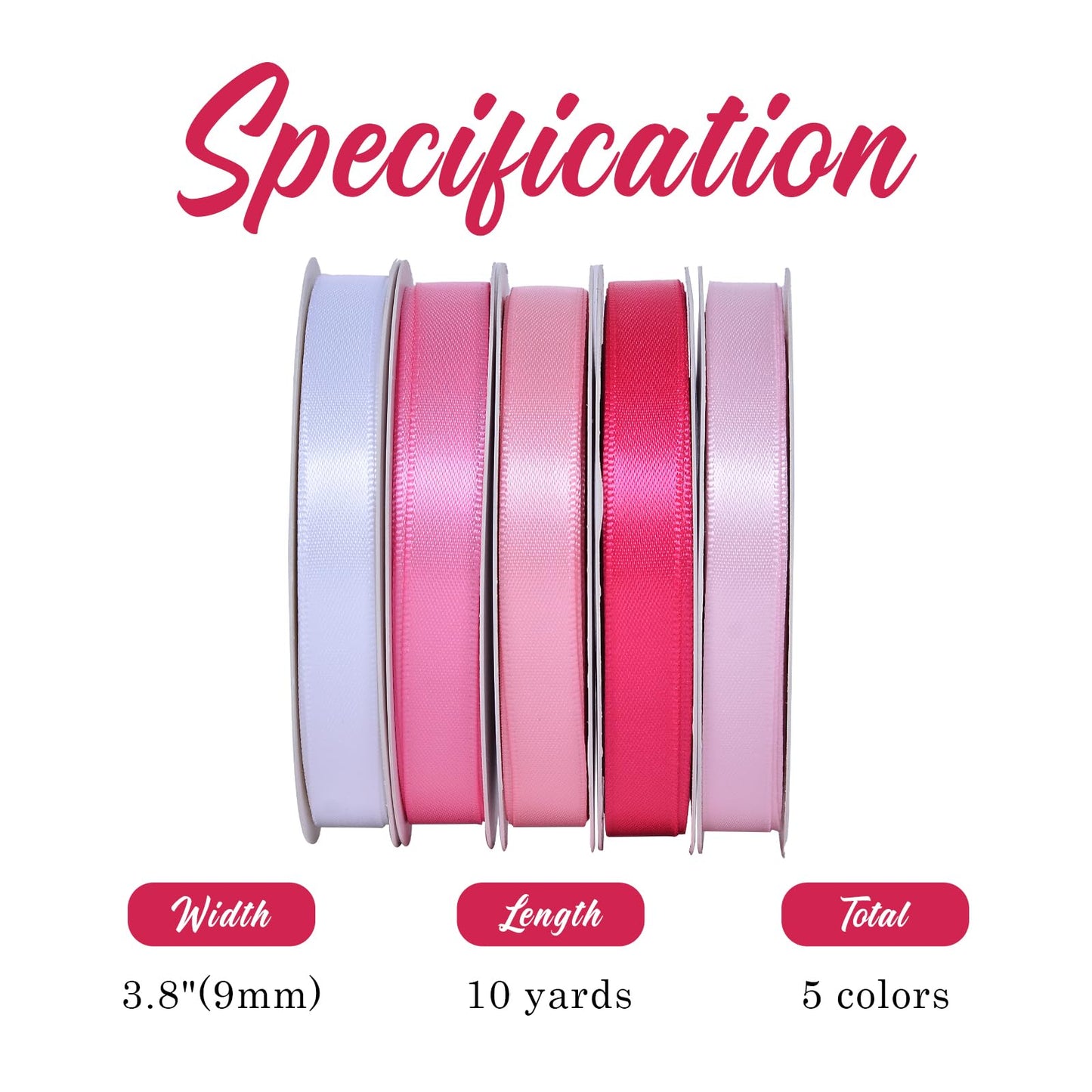 Ribest Pink Double Faced Satin Ribbon Set, 3/8 Inch White, Light Pink, Pink, Hot Pink, Fuchsia Ribbons for Valentine's Day Gift Wrapping Crafts Wedding Baby Shower, 5 Rolls × 10 Yards Total 50 Yards