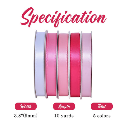 Ribest Pink Double Faced Satin Ribbon Set, 3/8 Inch White, Light Pink, Pink, Hot Pink, Fuchsia Ribbons for Valentine's Day Gift Wrapping Crafts Wedding Baby Shower, 5 Rolls × 10 Yards Total 50 Yards