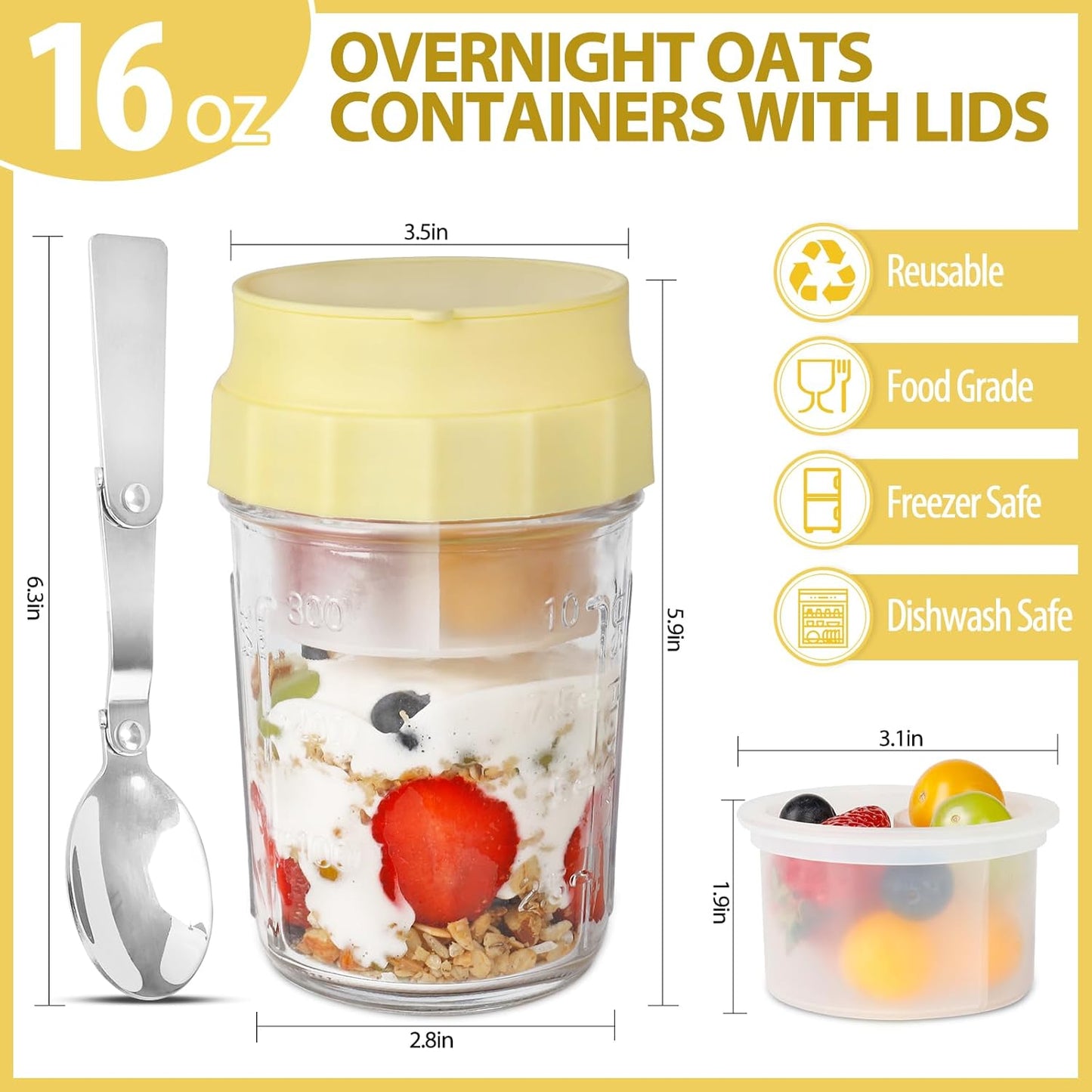 16oz 4 Pack Overnight Oats Jars, Yogurt Containers with Lids and Folding Spoons, Leak-Proof Wide Mouth Mason Jars