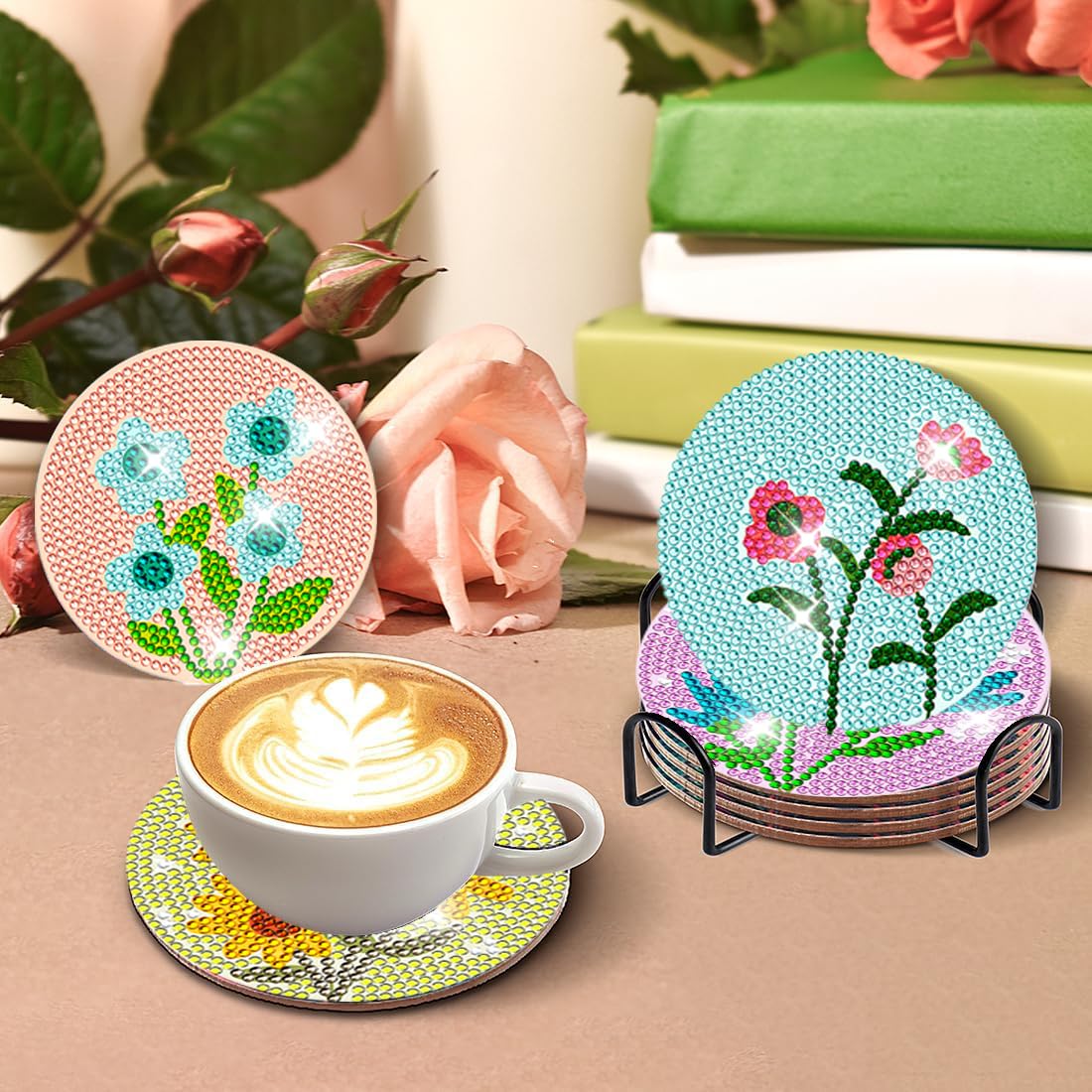 DOTZSO 8 Pcs Diamond Art Coasters Kit with Holder, Diamond Art Kits for Adults Beginners Small Diamond Painting Coasters, Arts and Crafts for Adults Supplies Item Sets (Flower)