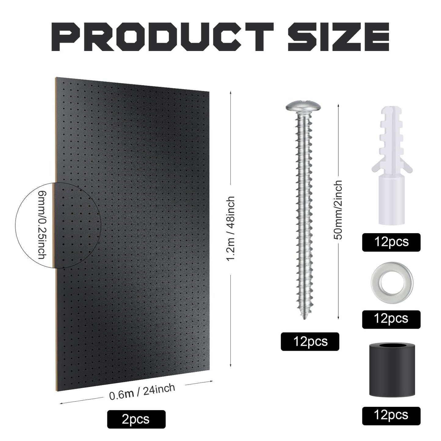 2 Pcs Wood Pegboard High Density Fiberboard 24 x 48 Inches Wall Mount Display Black Pegboard with Mounting Hardware Round Hole Peg Boards for Walls, Garage Craft Room Workshop Organizers and Storage