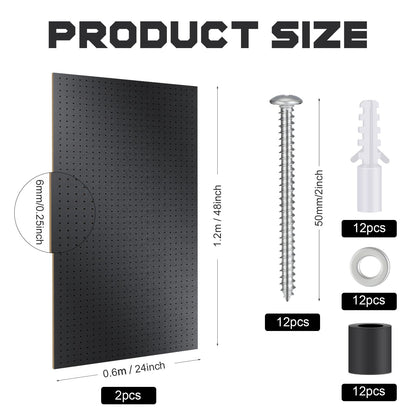 2 Pcs Wood Pegboard High Density Fiberboard 24 x 48 Inches Wall Mount Display Black Pegboard with Mounting Hardware Round Hole Peg Boards for Walls, Garage Craft Room Workshop Organizers and Storage